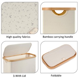 Merkisa Slim Laundry Basket,Tall laundry Hamper with Lid,60L Hamper for Laundry,Dirty Cloth Hamper with Bamboo Handle for Toys,Towels, Clothes Organizing,Beige