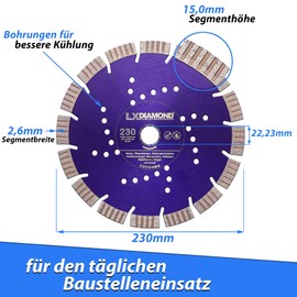 LXDIAMOND Diamond Cutting Disc 230 mm x 22.23 mm – Segments 15 mm – Suitable for Concrete Reinforced Concrete Washed Concrete Universal Diamond Disc for Angle Grinder 230 mm – Premium Quality