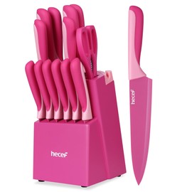 hecef 15 Pieces Kitchen Knife Set with Built-in Sharpening Wooden Block, Dishwasher Safe, High Carbon Stainless Steel Knife Block Set with Steak Knives, Kitchen Scissors, Pink