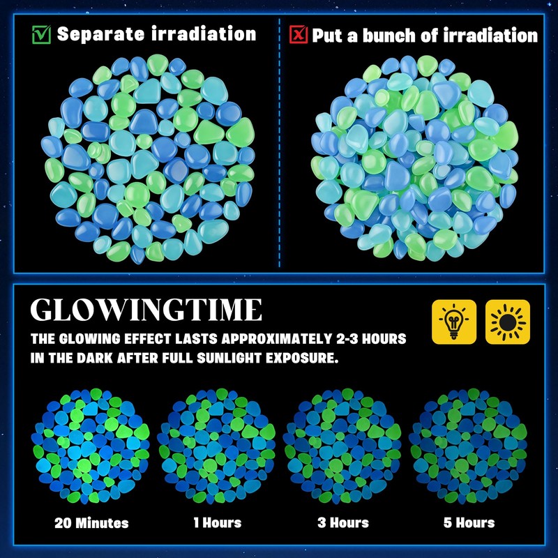 900Pcs Mixed Size Glow in The Dark Pebbles Glowing Rocks