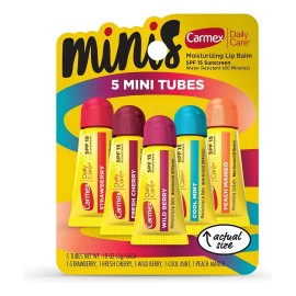Carmex Bálsamo Labial Mini Pack 5 Sabores (Cereza, Mora Salvaje, Fresa, Menta Fresca, Mango-Durazno) | Hidratante con Protección Solar SPF 15, Suaviza y Hidrata Labios Secos y Agrietados