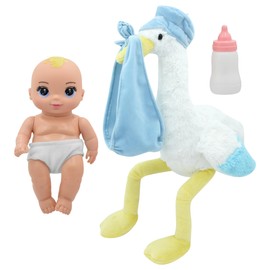 Magic Nursery: 8" Special Delivery Set - Blue - Posable Newborn Baby Doll, Large Plush Stork, Bottle, Hard Body, New Adventures, Toddler & Kids Age 2+