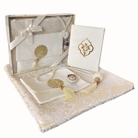 Prayer Mat Set for Women, Muslim Prayer Rug, Prayer Mat, Islamic Finger Counter, Prayer Beads, Surah Book with Bag, Islamic Gift Set for Ramadan & Eid (Cream)