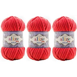 Alize Velluto 100% MicroPolyester Baby Blanket Yarn Lot of 3 skn 225 Yards 3x100gram, Yarn Weight: Super Bulky 6 (56 RED)