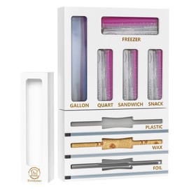 DALSHABET 9 IN1 Bamboo Storage Bag Drawer Organizer with Cutter, Foil and Plastic Wrap Dispenser for Kitchen Storage Compatible with All Brands Gallon, Quart, Sandwich & Snack Size Bags - White