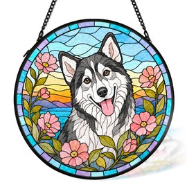 Husky Dog Flower Stained Glass Suncatcher Window Hanging Decor