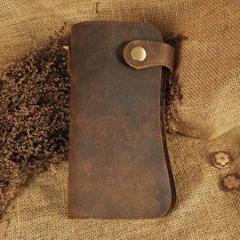 Le'aokuu Mens Genuine Leather Bifold Wallet Organizer Checkbook Iron Chain (1088 Brown)