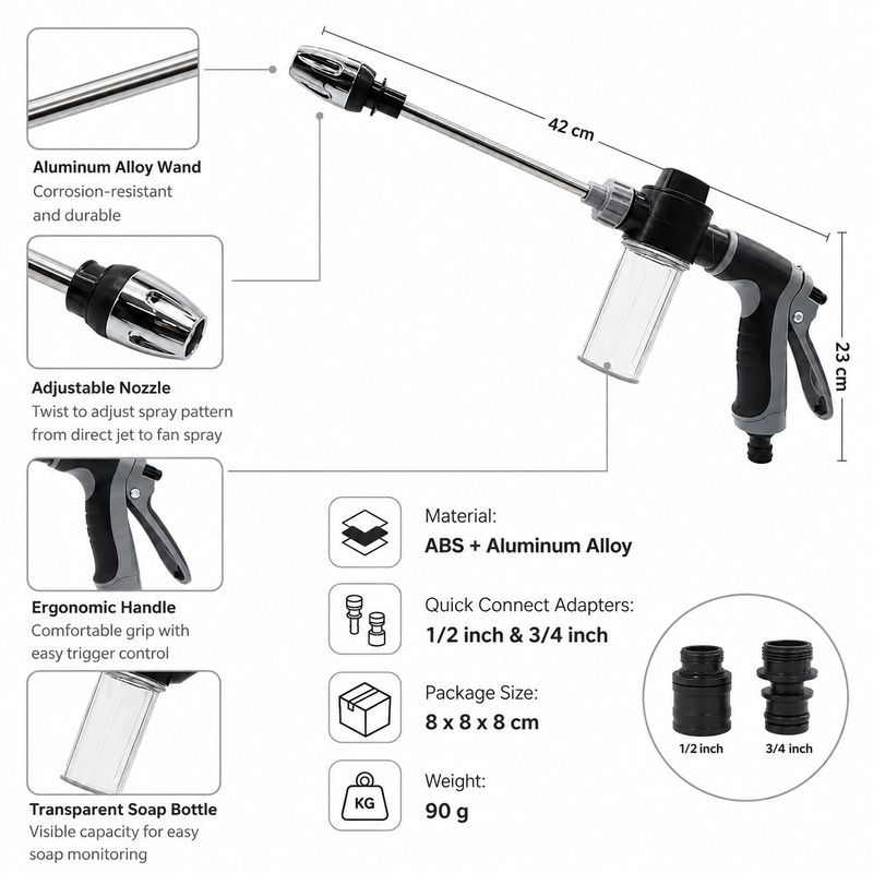 Car Wash Water Gun for Garden Hose – Adjustable Long-Reach