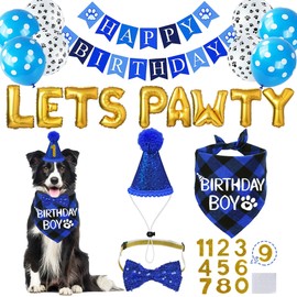 STMK Dog Birthday Party Supplies, Multi Sizes Dog Birthday Bandana Boy Dog Birthday Hat with Numbers Bow Tie Birthday Banner LETS PAWTY Balloons for Medium Large Dogs Pets (Large, Blue)