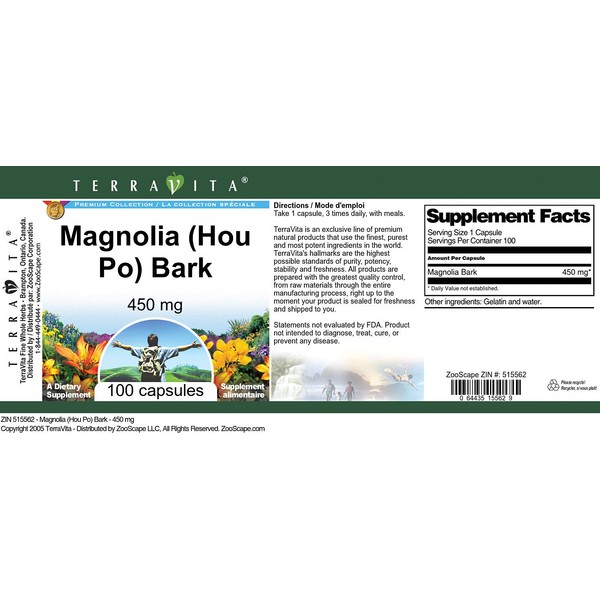 TerraVita Magnolia (HOU Po) Bark - 450 mg (100 Capsules, ZIN: 515562)