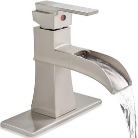 HOIGY Single Hole Bathroom Faucet 3 Hole (4 Inch), Brass Waterfall Faucet Single Handle, Bathroom Faucets Brushed Nickel Bathroom Sink Faucet with Deck Plate & Pre-Install Hoses Without Pop-up Drain