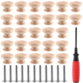 LEXININ 30 Pcs 35 x 25mm Wooden Door Mushroom Knobs, Round Wooden Drawer Handles, Wood Cupboard Knobs with Screws and Mini Screwdriver