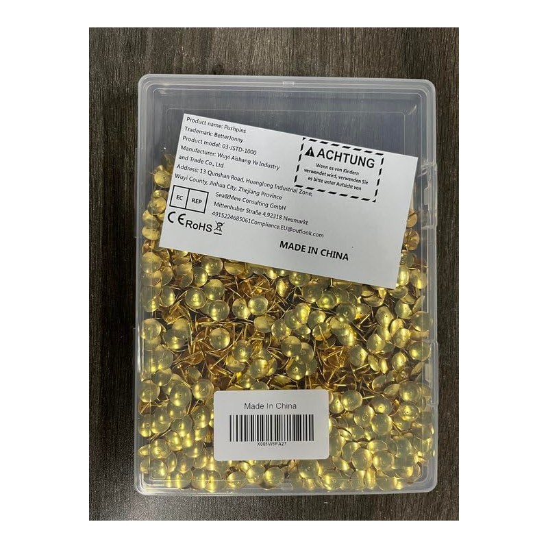 Pack of 1000 BetterJonny 9.5 mm Gold Push Pins Iron