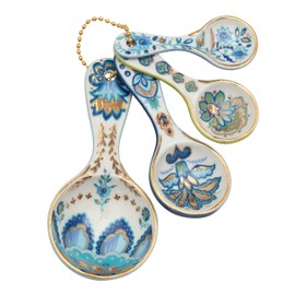 Mary DiSomma’s Ceramic Measuring Spoons (Set of 4) | Unique Signature Floral Print Design for each, Gold Overlay, Teal, Blue, Robin’s Egg Blue, Lime Green, Metallic Gold Chain, Boxed gift set