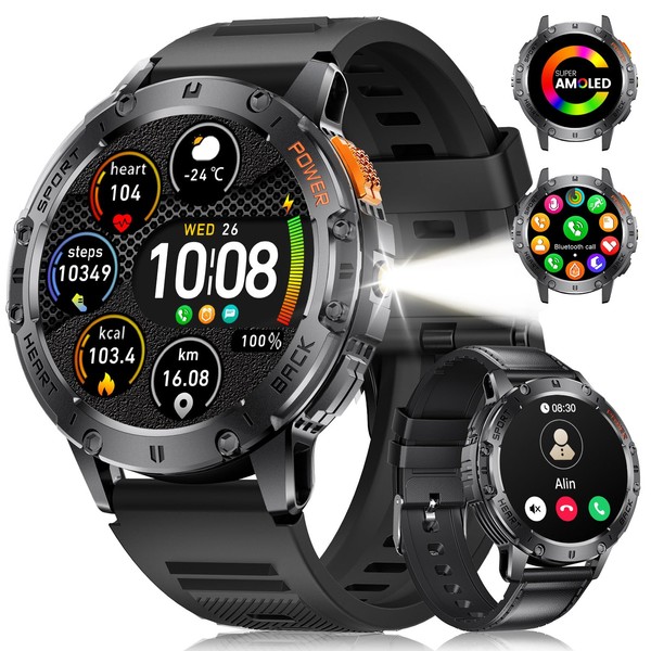 LIGE Smartwatch Herren(2 Straps)- Telefonfunktion/Taschenlampe, 1,43'' AMOLED Display, IP68 Wasserdicht,