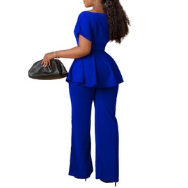 Ekaliy Women's Two Piece Outfits Business Suit Set Short Sleeve Peplum Top Flared Pants Sets Blue XXL