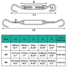 BUXIMN 5Pcs M4 Turnbuckle Hook and Hook, 304 Stainless Steel Turnbuckle Tensioner Heavy Duty Turnbuckles Wire Rope Tension Turn Buckle
