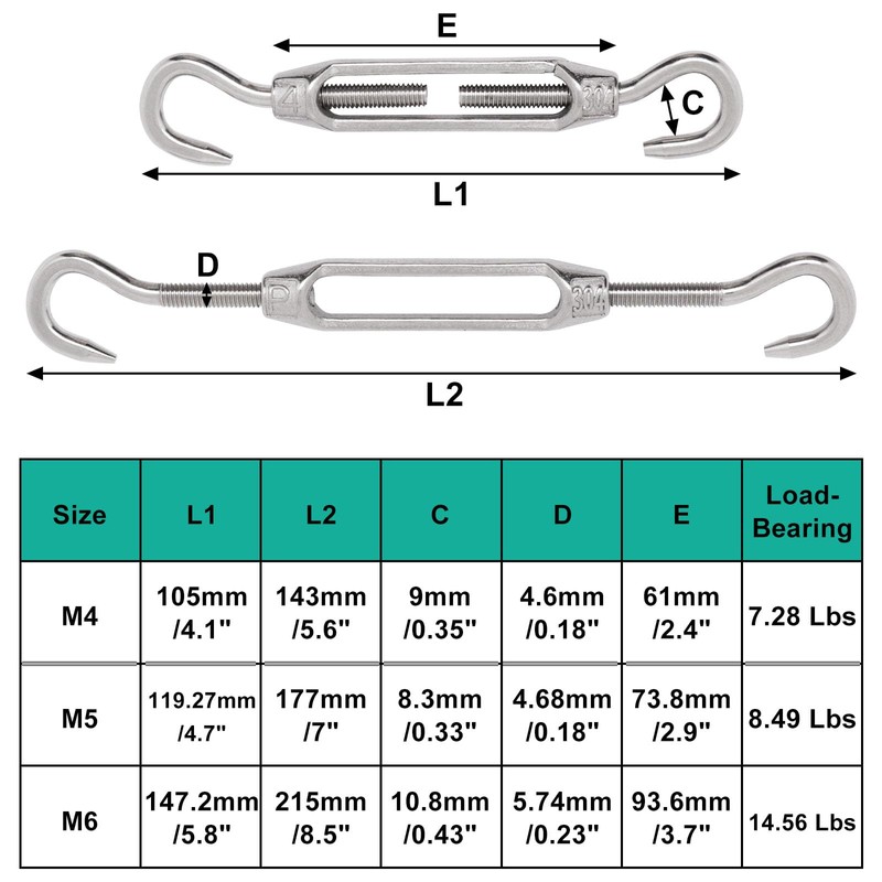 BUXIMN 5Pcs M4 Turnbuckle Hook and Hook, 304 Stainless Steel