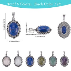 SUNNYCLUE 1 Box 6Pcs 6 Styles Natural Gemstone Charms Crystal Stone Charm Bulk Oval Alloy Antique Silver Colorful Gem Stones Pendants for Jewellery Making Supplies DIY Craft Necklace Bracelet Earring