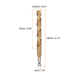 sourcing map 1/4" Hex Shank Drill Bit 10.5mm Titanium Drill Bits Set M35 High Speed Steel Twist Drill Bit 130mm Long Fully Ground for Wood, Stainless Steel, Metal, Plastic Plastic