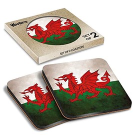 2 x Square Coasters - Distressed Wales Welsh Dragon Flag Cork Backed MDF Glossy Tea Coffee Accessory #56016