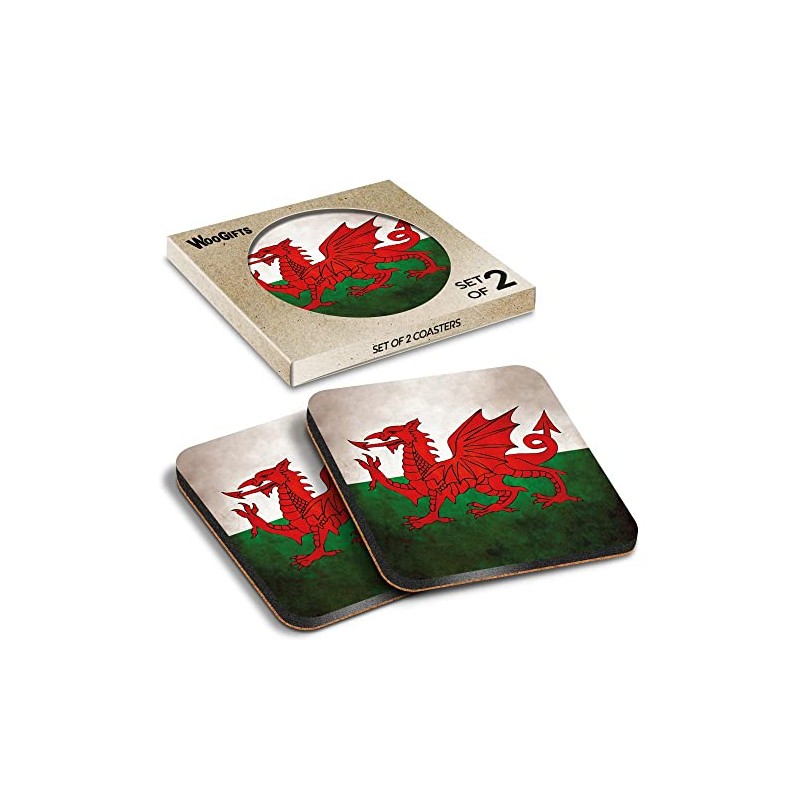 2 x Square Coasters - Distressed Wales Welsh Dragon Flag