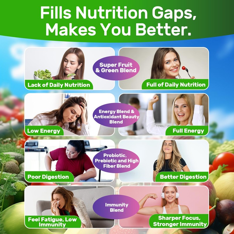 Super Greens Gummies, Greens Superfood Powder Alternative w/Spirulina, Chlorella, Prebiotic