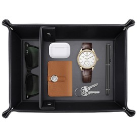 Diakey Leather Valet Tray for Men, 2 Compartments Key Tray Nightstand Organizer Vanity Tray Bedside Caddy Entryway Table Catchall Tray for Wallet, Watch, Phone, Coin, Jewelry, Black