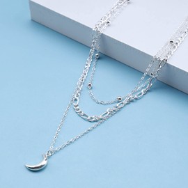 Cimenexe Bohemian Layered Moon Pendant Necklace Crescent Moon Choker Necklace Multi Layered Figaro Link Chain Necklace Silver Satellite Chain Necklace Jewelry for Women and Girls Gifts