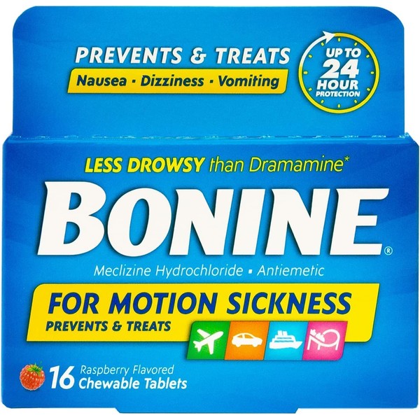 Bonine Raspberry Chewable Tablets for Motion Sickness, 16 (2 Pack),