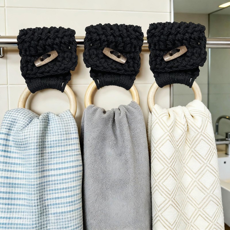 Aerbee Macrame Towel Holder Ring, 3PCS Kitchen Towel Hooks for