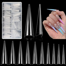 500 Pieces Stiletto Long Nail Tips: Long Transparent False Nails - Half Cover Straight Tapered Nail Art without C Curve Nail Art, Suitable for DIY and Nail Salon with Box