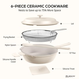 ZUKA 10 in 1 Ceramic Pan by Granitestone, Large 10 Inch Saute Pan with Lid Serves as Deep Frying Pan Set with Steamer, Everyday Skillet, Non Toxic Ceramic Nonstick, Induction Oven & Dishwasher Safe