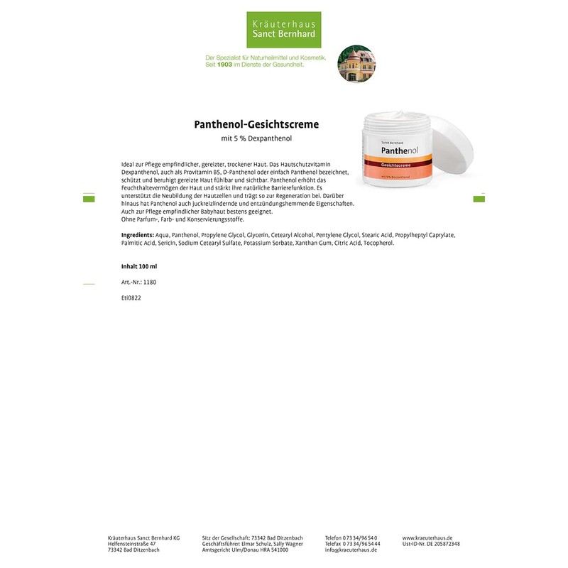 Sanct Bernhard Panthenol Face Cream with 5% Dexpanthenol, Fragrance-Free, No