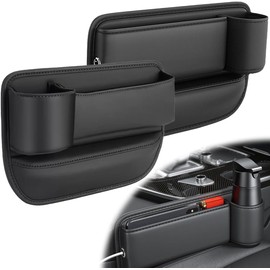 Car Leather Cup Holder Gap Bag, Car Seat Gap Filler Organizer, Car Seat Storage Box with Water Cup Holder, Car Gap Bag for Phones Keys Cards (1 Pair, Black)