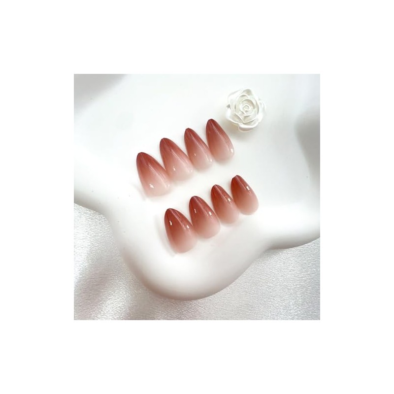 Uñas Postizas Degradadas Marrones - Uñas Cortas Almendradas Con Diseño