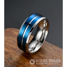 King Ring 8mm Flat Lines Ring – Ultra Polished Mens Ring with Two Matt Lines Stainless Steel Wedding Band K18 – Silver Blue 10