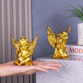 orenm 2 Pack Resin Cherubs Gold Angel Statue Figurine, Garden Sleeping Cherub Statue Sculpture Indoor Outdoor Home Decoration, Cute Adorable Angle Sculpture Memorial Statue(4" Height) (Gold)