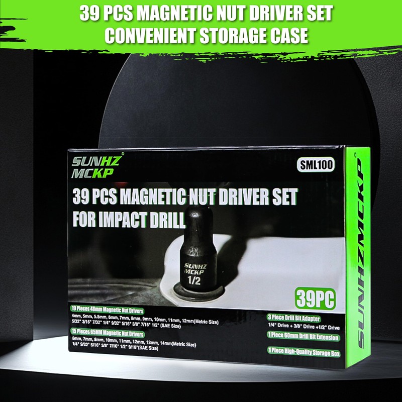 SUNHZMCKP 39Pcs Magnetic Nut Driver Set for Impact Drill, Metric