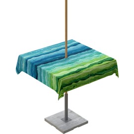 Ruian Store Watercolor Green and Blue Ombre Outdoor Square Tablecloth Zippered Table Cover with Umbrella Hole,Modern Abstract Sea Wave Washable Table Cloths for Patio Garden Picnic Tables,60x60in