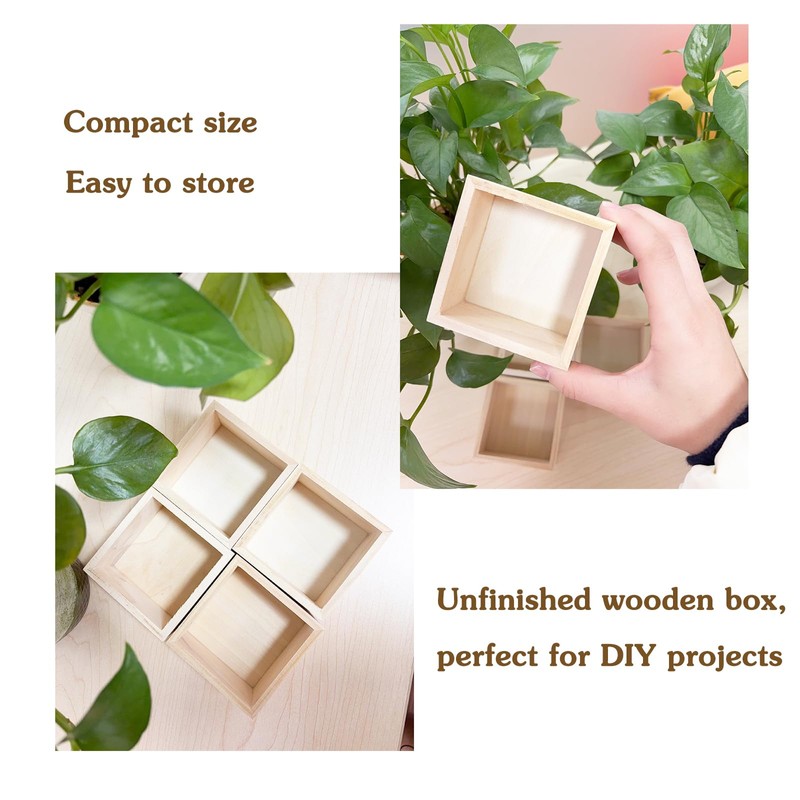4 Pack Unfinished Wooden Craft Storage Organiser Boxes, 3.15 x
