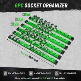ALOANES Magnetic Socket Organizer Set, 6-Piece Heavy Duty Aluminum Socket Holder Socket Rail Organizer for Tool Box, 360° Swivel Clips Socket Rack 1/4, 3/8, 1/2-Inch x 80 Clips (Green)