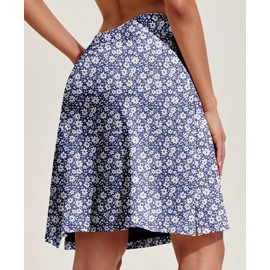 PINSPARK Women's Tennis Skirt, High Waist Golf Skirt with Inner Shorts, Knee-Length Trouser Skirt, Sports Skirt with Pockets, Hiking, Running, Cycling, Navy White Floral, L