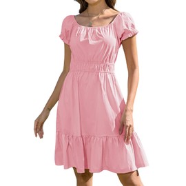 Alaster Queen Womens Pink Summer Dresses with Pockets Casual Puff Sleeve Square Neck A Line Off The Shoulder Dress