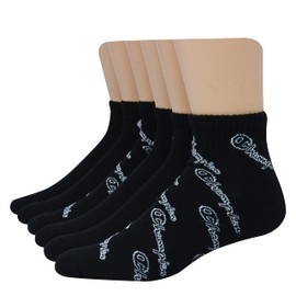 Champion Men's Double Dry Moisture Wicking Ankle Socks; 6, 8, 12 Packs Available, Black With All Over Script - 6 Pack, 6-12
