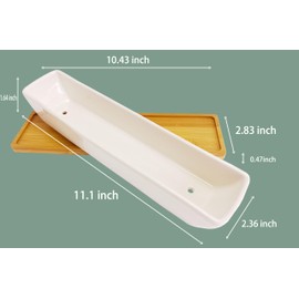 SWONVI 11.1 inch Long Rectangle White Ceramic Succulent Planter Pots/Mini Flower Plant Containers with Bamboo Saucers Plant Window Boxes for Office/Home, 11 x2.28x1.73inch (Long Rectangle)