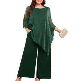 ZOMVA Plus Size Mother of The Bride Pant Suits Dressy 2 Piece Sparkly Mesh Asymmetric Cape Set Wide Leg Outfit with Pockets, Sparkly Green, 3X