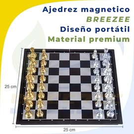 BREEZEE Ajedrez Magnetico Tamaño Pequeño de 25 x 25 cm, Incluye Bolsa de Transporte de Piezas y 1 Reina Extra, Diseño Portatil Chess Material Premium, Juegos de Mesa para Niño y Adulto