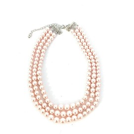 Womens Faux Pearl 3 Layer Multi Strand Gatsby Necklace Statement Bib Bead (Blush Pink)