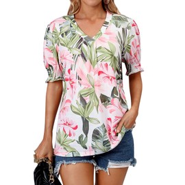 ZXZY Women Ruffle Short Sleeve Pleated V Neck Floral Print Hawaiian Shirts Blouse Tops